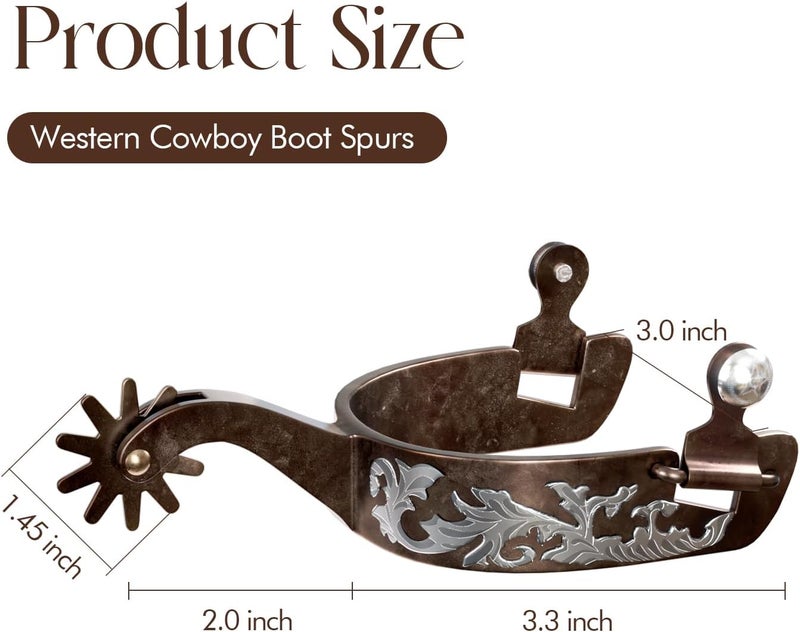 EQUSPUR Western Cowboy Spurs, 1 Pair Horse Spurs with Rowels, Antique Horse Boot Spurs with Hand-Carved Decoration for Adult Equestrian, Men Women - Image 2